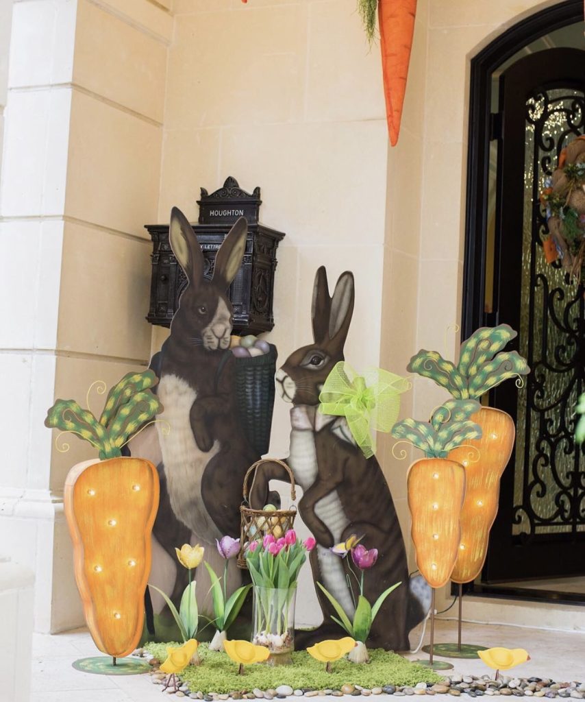 easter bunny paintings, lit up carrots and spring flowers