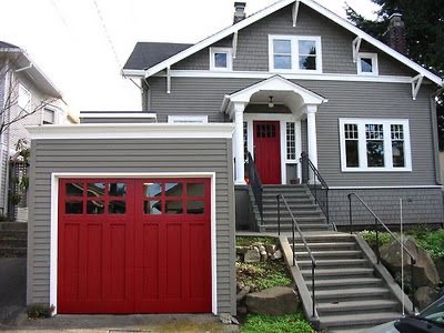 A cheerful red garage door